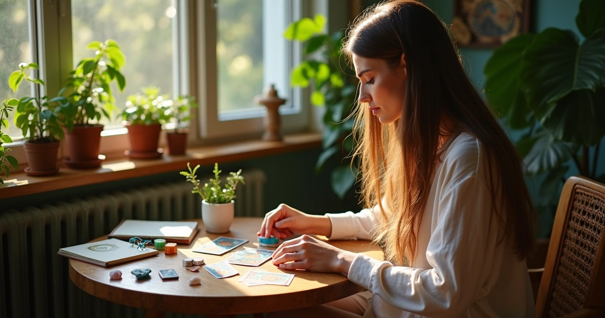 Mulher analisando cartas de tarot e números 