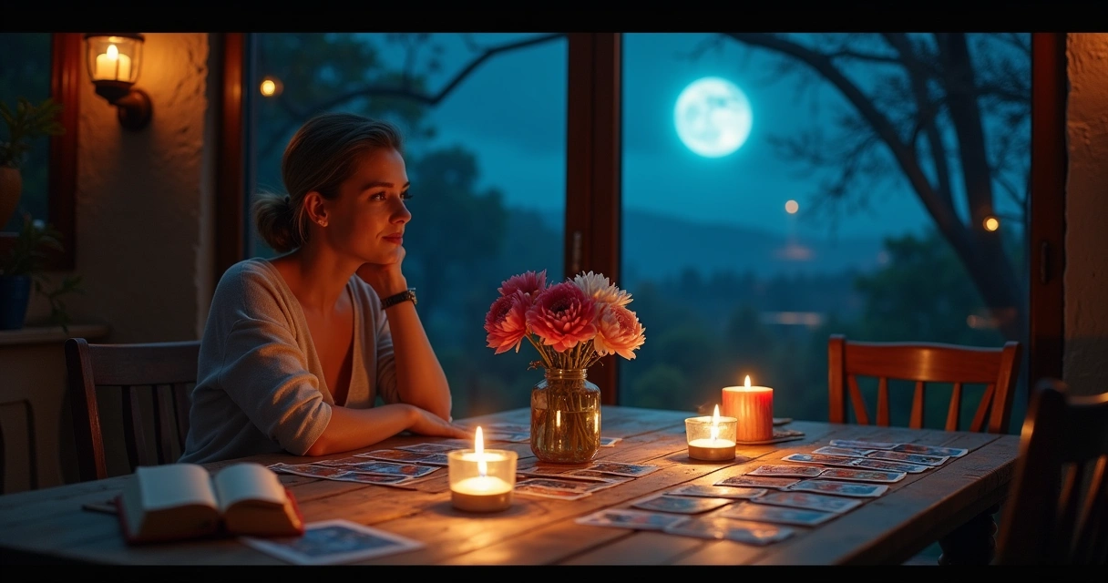 Mulher em mesa de madeira, cartas de tarot, velas acesas, flores e céu estrelado ao fundo.