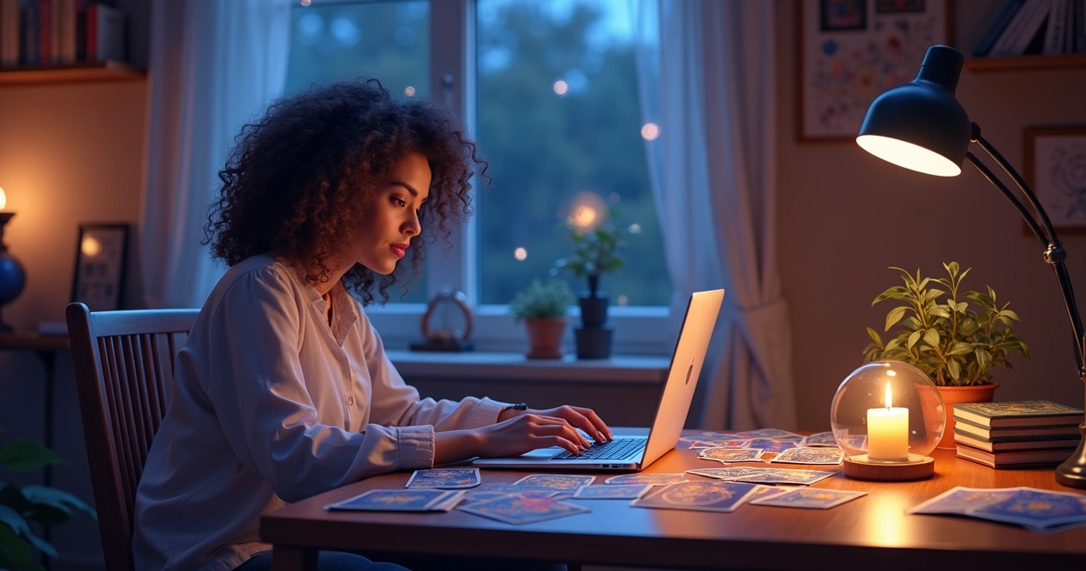Mulher consultando cartas de tarot online em um ambiente acolhedor e sereno.