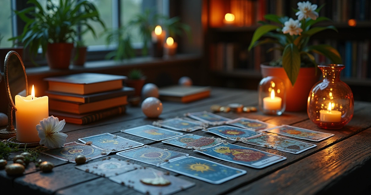 Distribuição de cartas de tarot sobre mesa de madeira, iluminada por velas, simbolizando autoconhecimento.