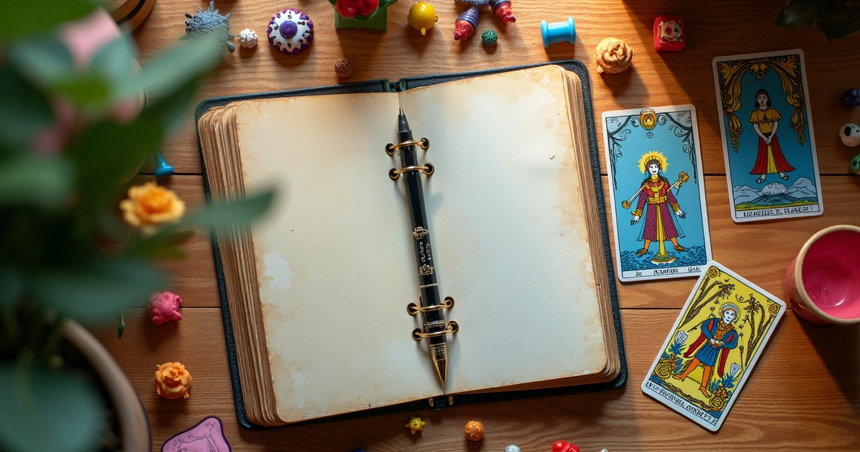 Cartas de tarot, agenda, caderno e caneta sobre mesa 