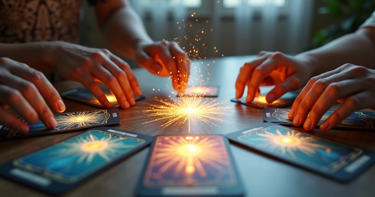 Mesa com tarot mostrando bloqueio e fluxo de energia 