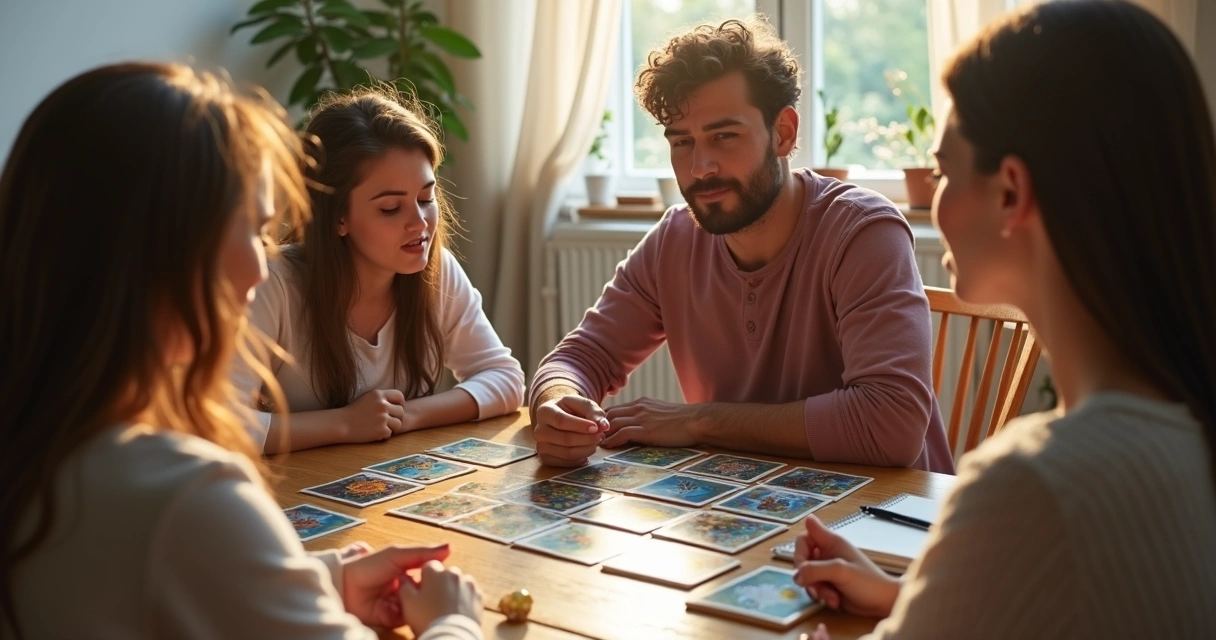 Three people sitting at a small table with tarot cards spread out 