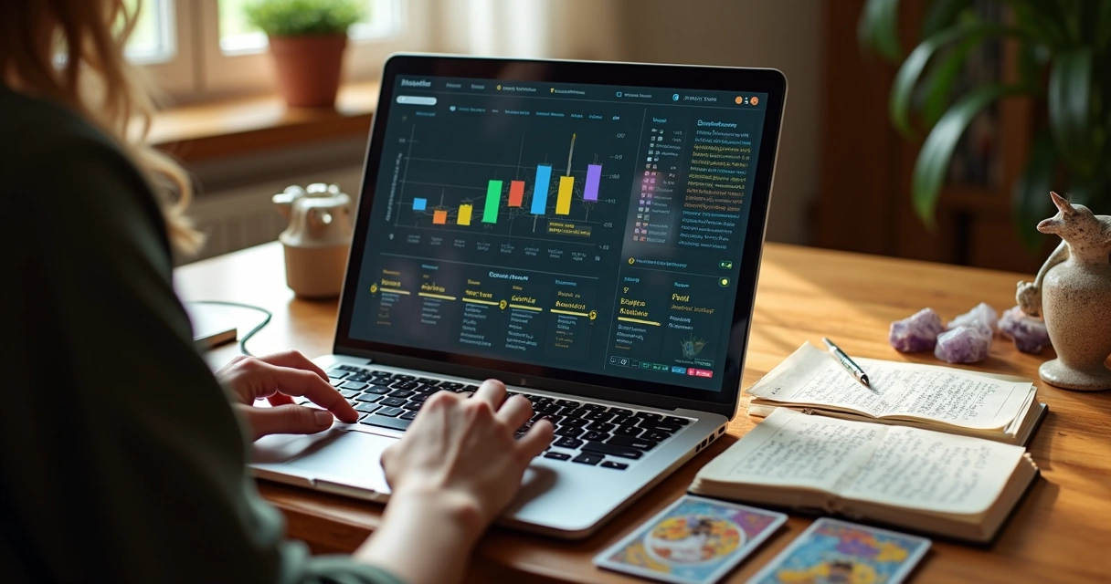 Tarot professional analyzing querent reading progress on a laptop with charts and notes on screen 