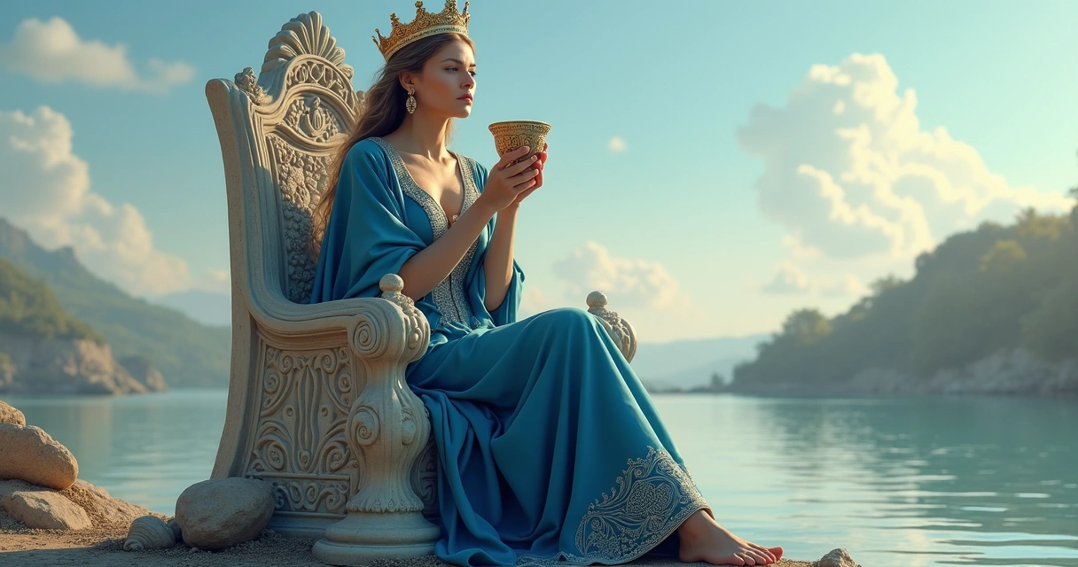 Queen of Cups on a throne by river holding ornate cup 