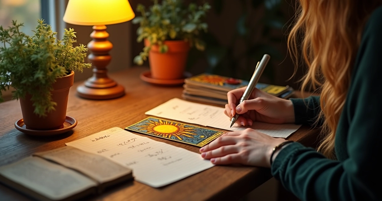 Tarot reader journaling Sun card insights 