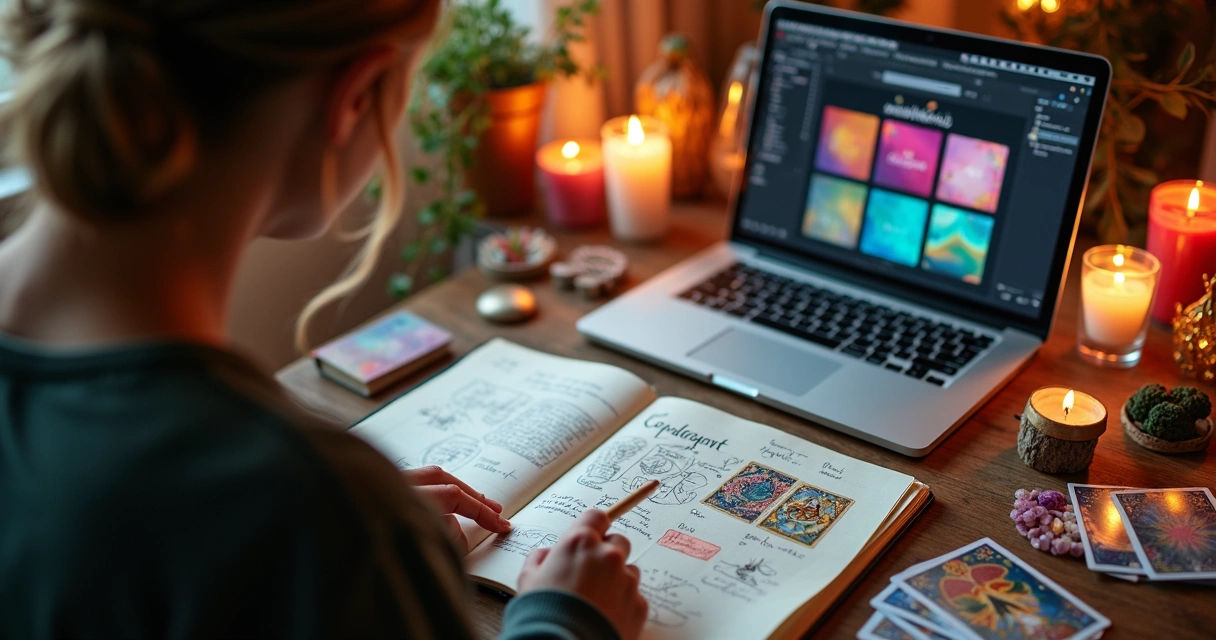Tarot reader working on branding strategy notes and visuals 