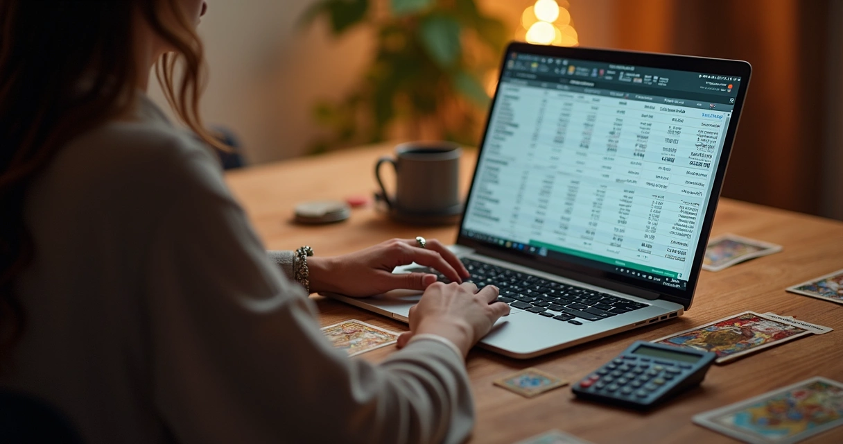 Tarot reader working on laptop with budget spreadsheet and tarot deck 