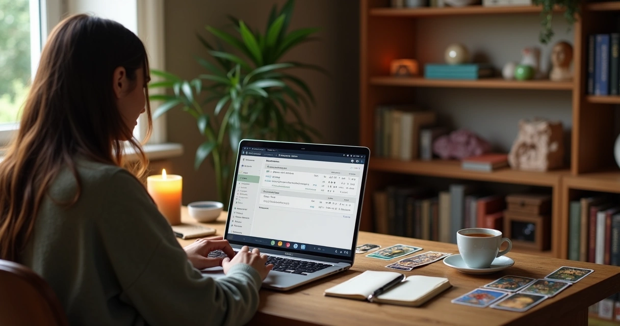 Tarot reader reviewing client notes on a dashboard at a desk 