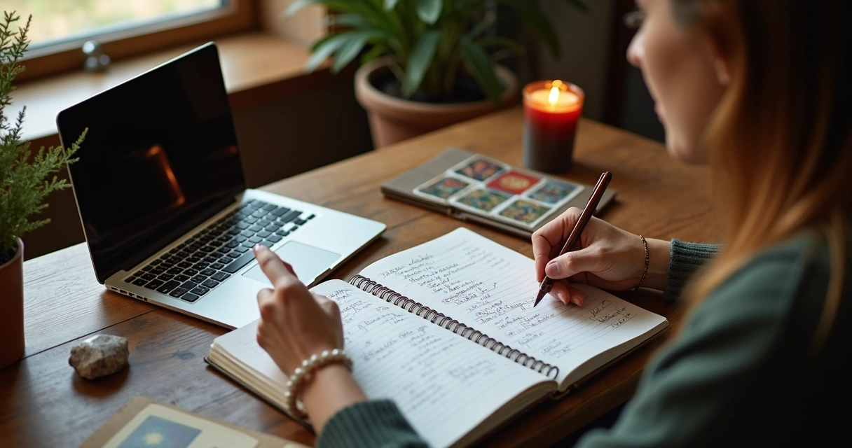 Tarot reader reviewing client notes beside cards and candle 