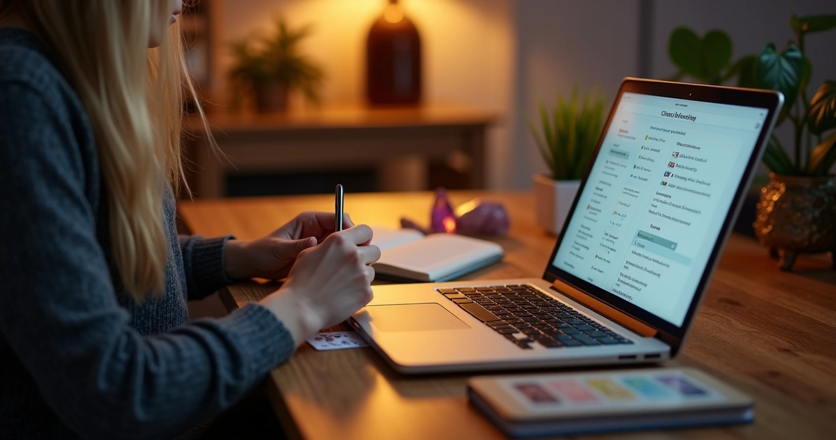 Tarot reader reviewing client notes on a laptop 