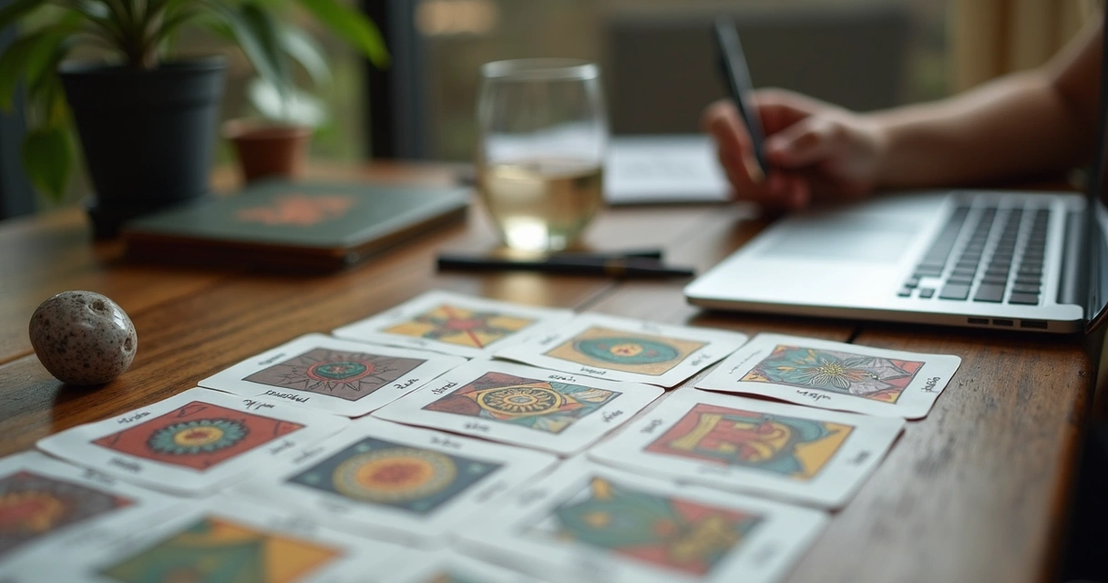 Tarot cards, client notes, and a laptop arranged for post-session record keeping 