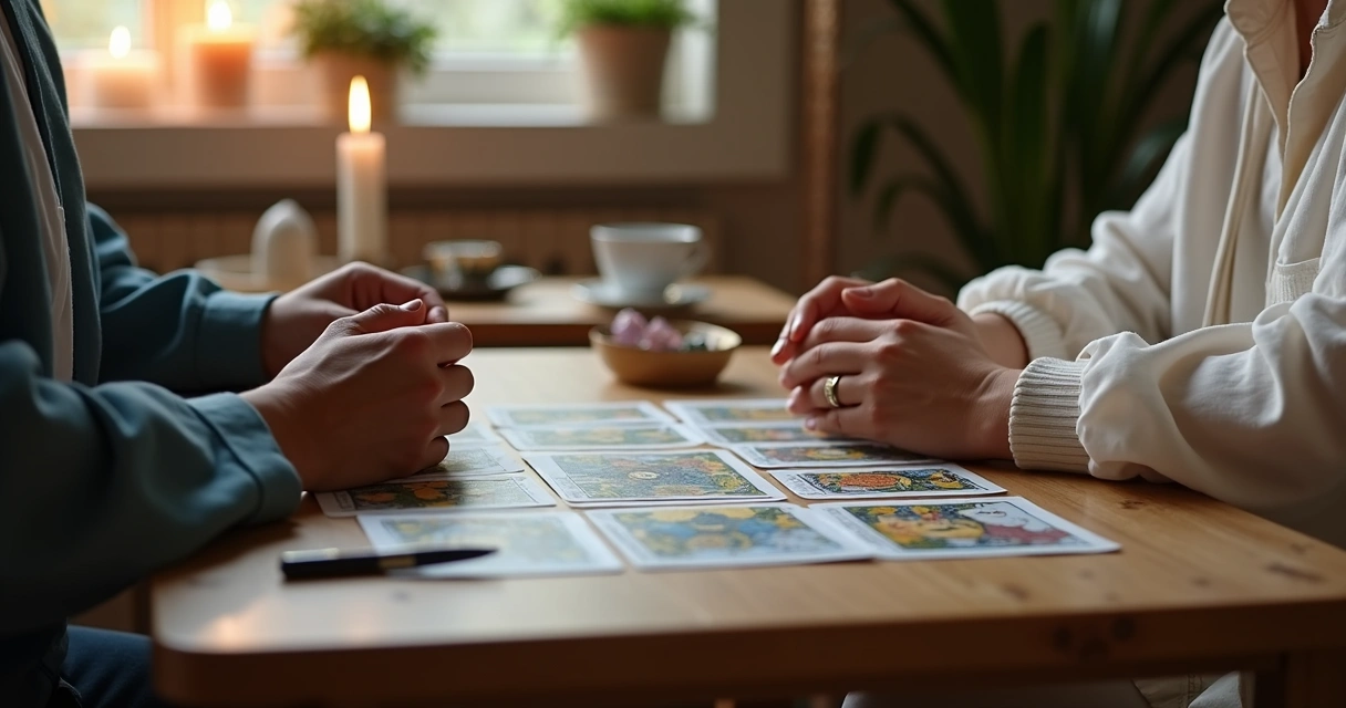 Tarot reading setup with cards, notebook, and client hands across a table 
