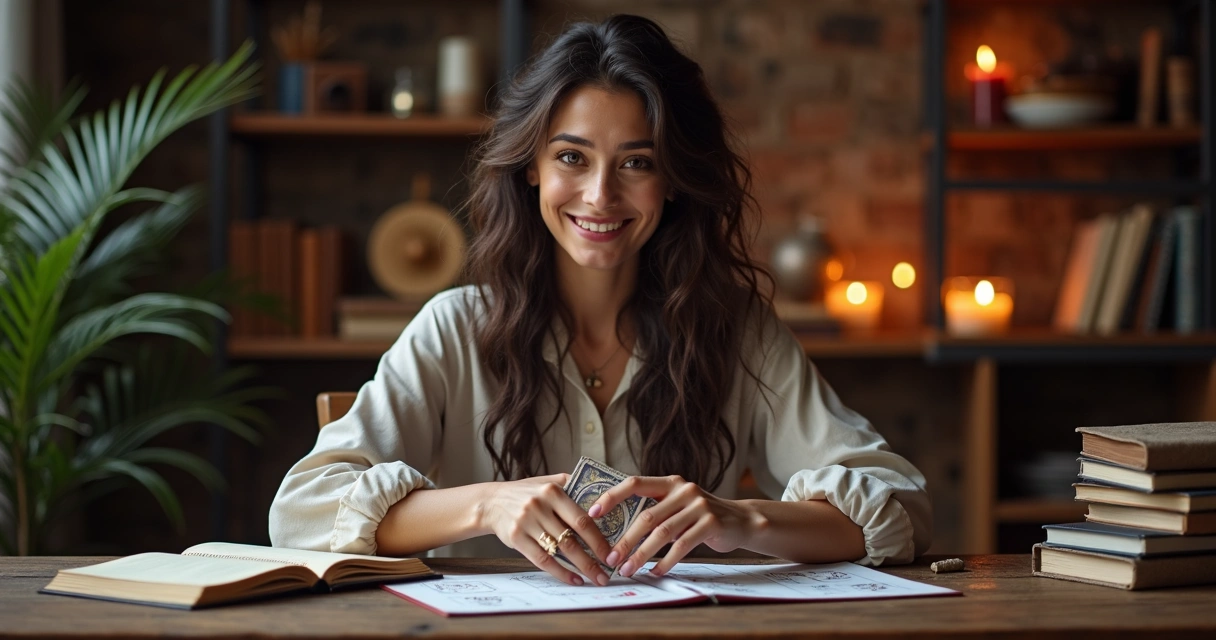 Confident tarot reader shuffling cards at a desk 