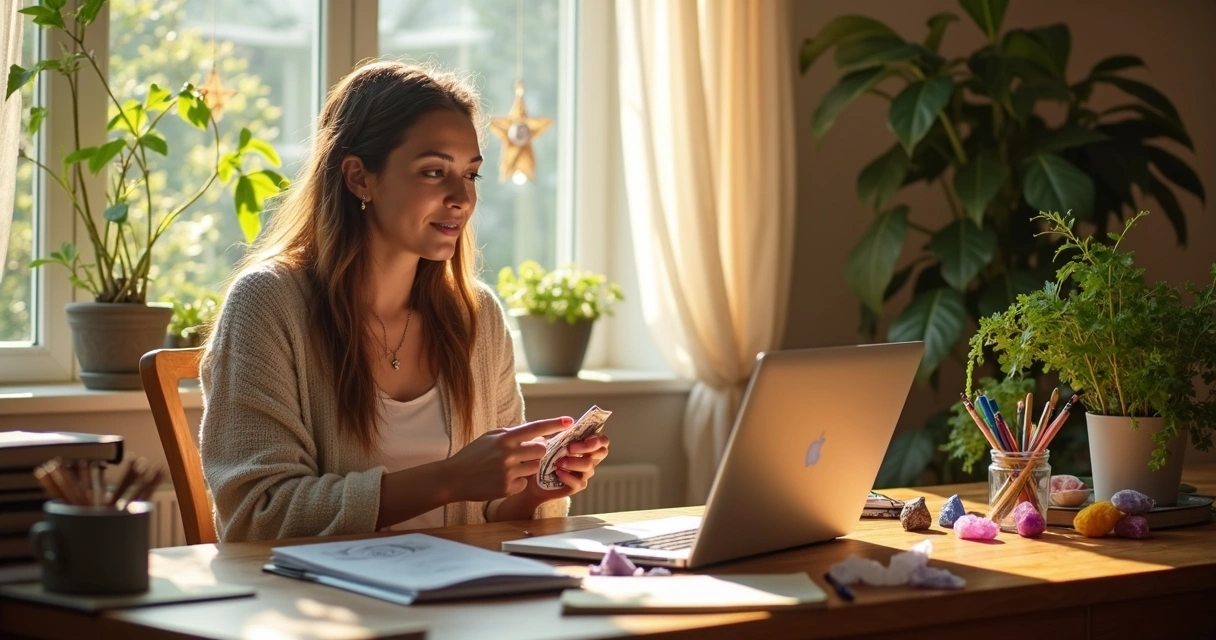 Tarot reader working at a desk with cards and a laptop 