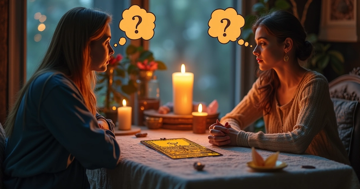 Tarot reader talking to client over Seven of Cups card during a reading 