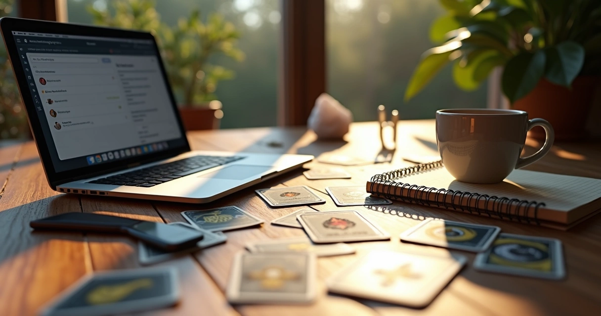Tarot reader's desk with open laptop, smartphone, tarot cards and notebook 