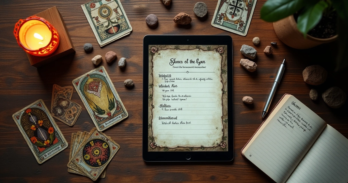Tarot reader's desk with cards and notes 