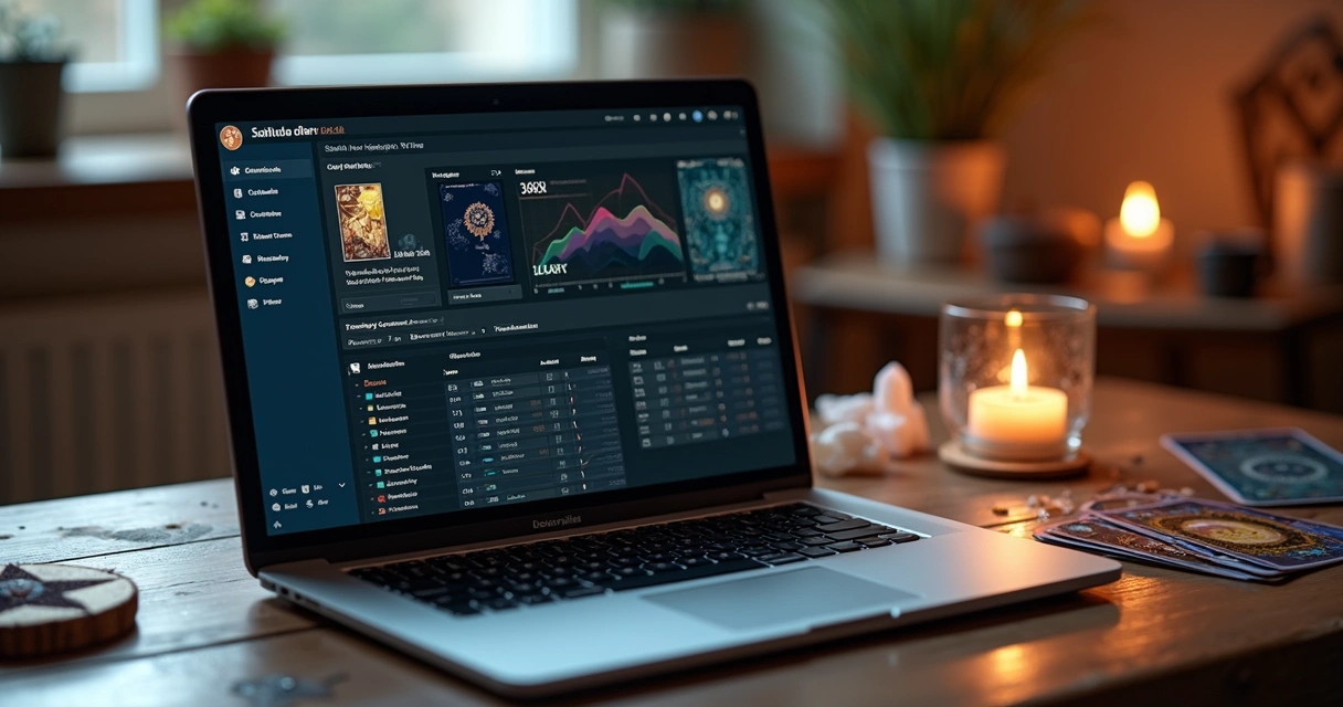 Tarot reader managing client data and reading history on a digital CRM dashboard with tarot cards and mystical symbols on desk 