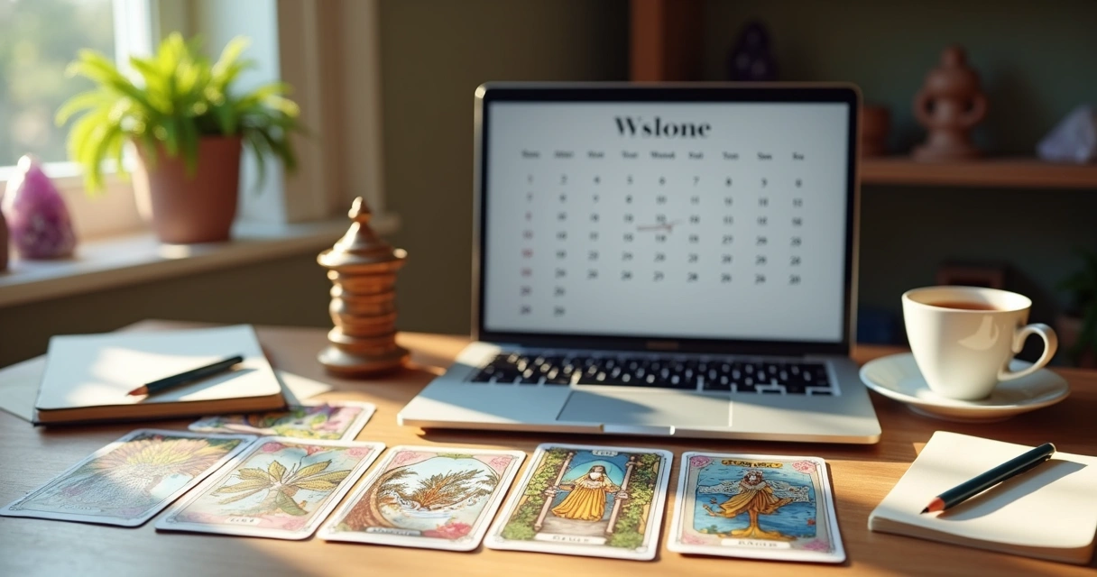 Tarot reader workspace with laptop, cards, and notebook 