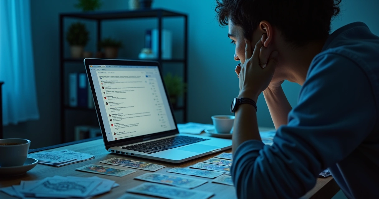 Person overwhelmed by emails at computer with tarot cards on desk 