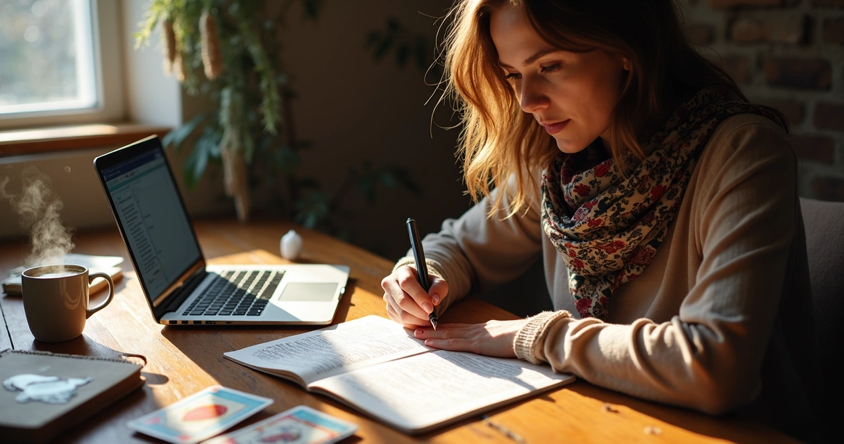 Tarot reader reviewing querent notes with journal and laptop 