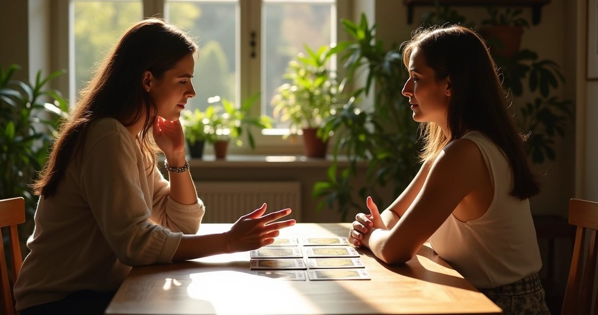 Tarot reader supporting a client across a table with tarot cards laid out 