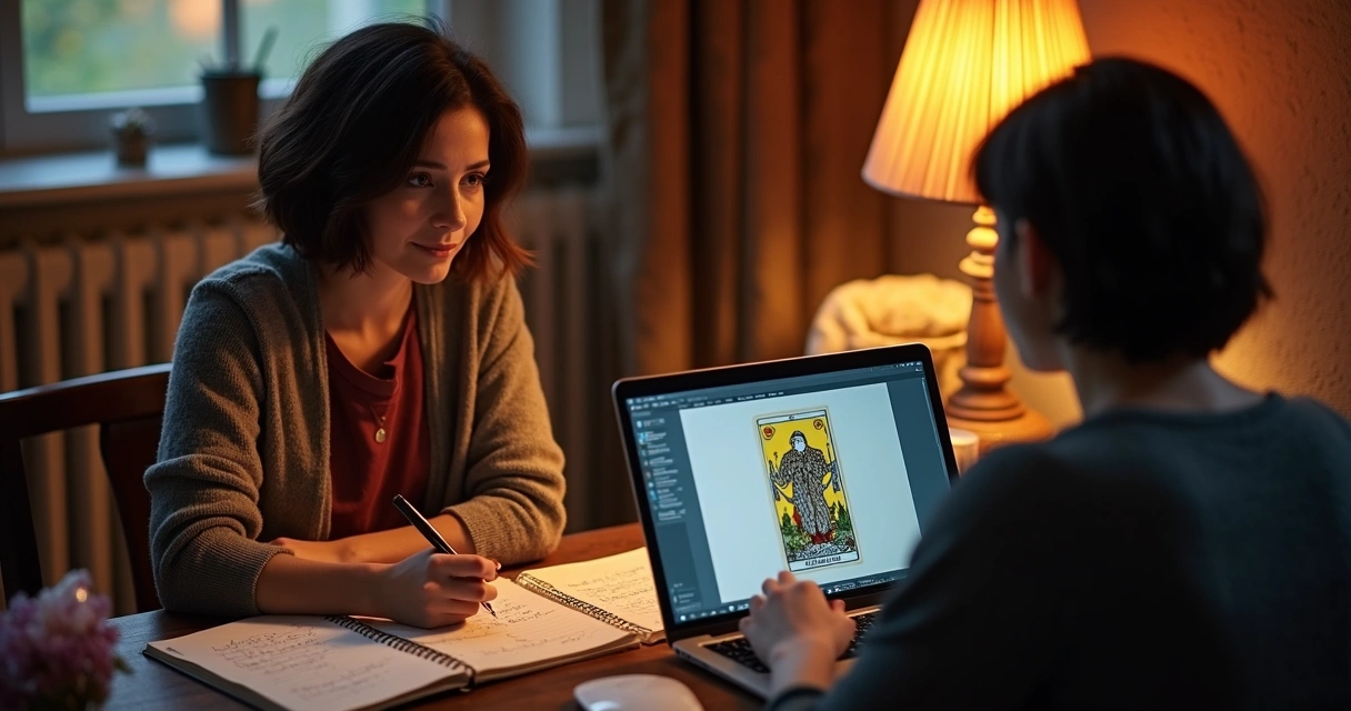 Tarot reader discussing the Eight of Wands with a client, with notes and a laptop open 