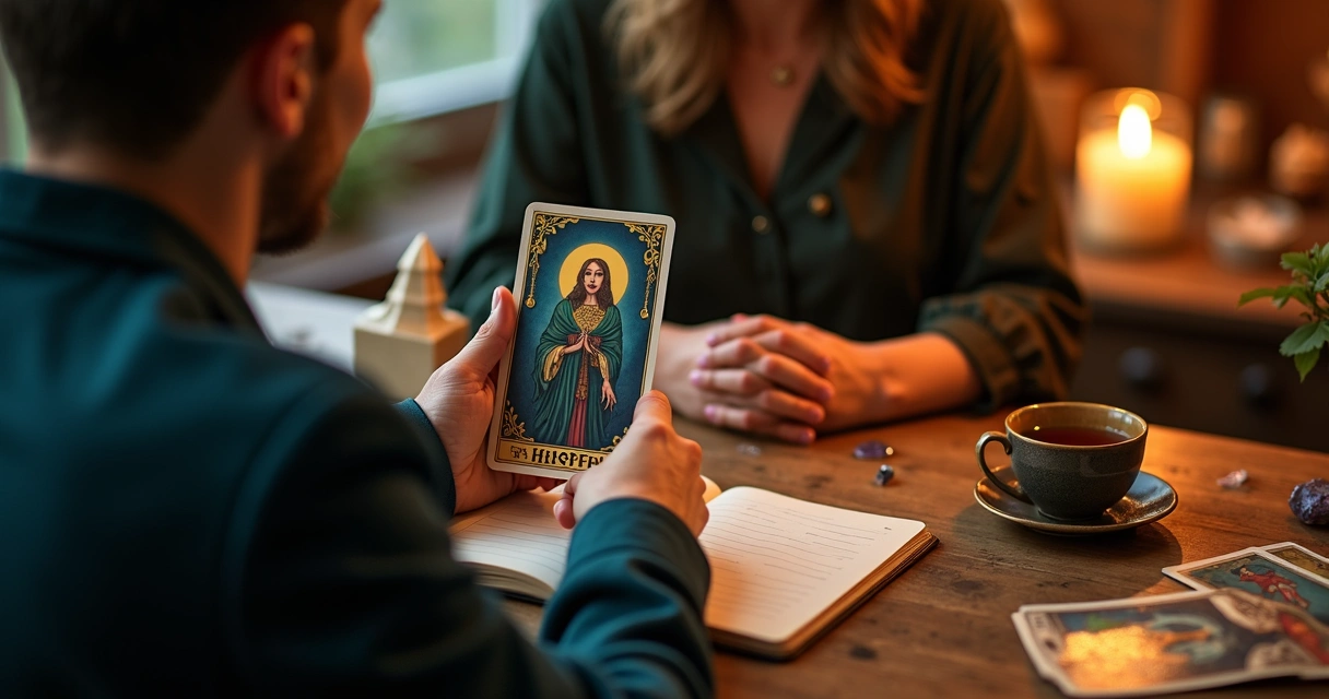 Tarot reader showing The Hierophant card to a client 