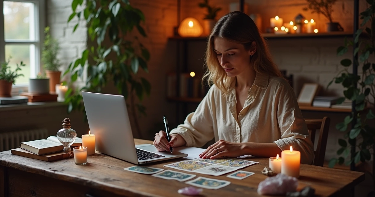 Tarot reader at a home office desk with cards and notebook 