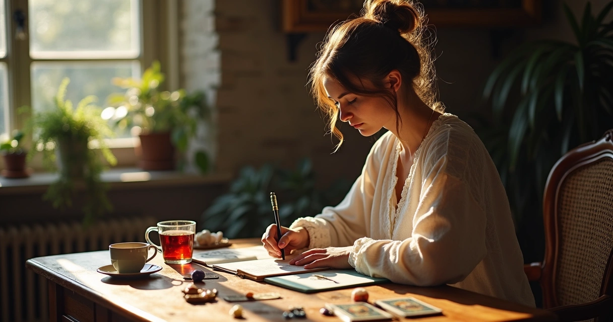 Tarot reader journaling after client session with tarot decks nearby 