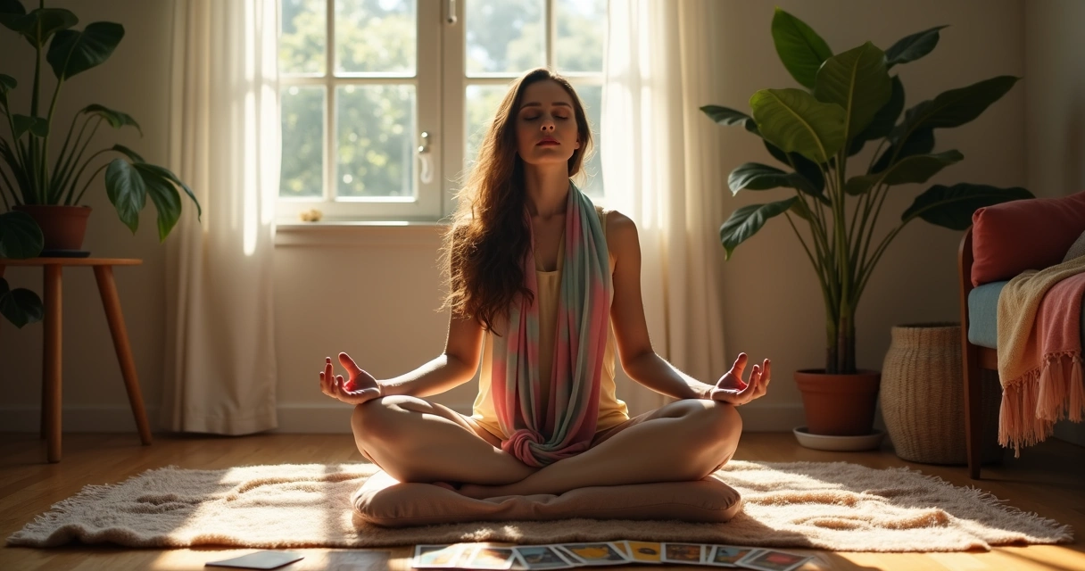 Psychic professional meditating beside a tarot deck 