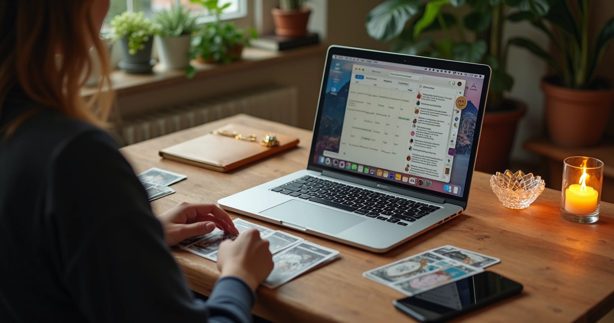 Tarot reader working at a desk with cards, laptop, and content calendar 