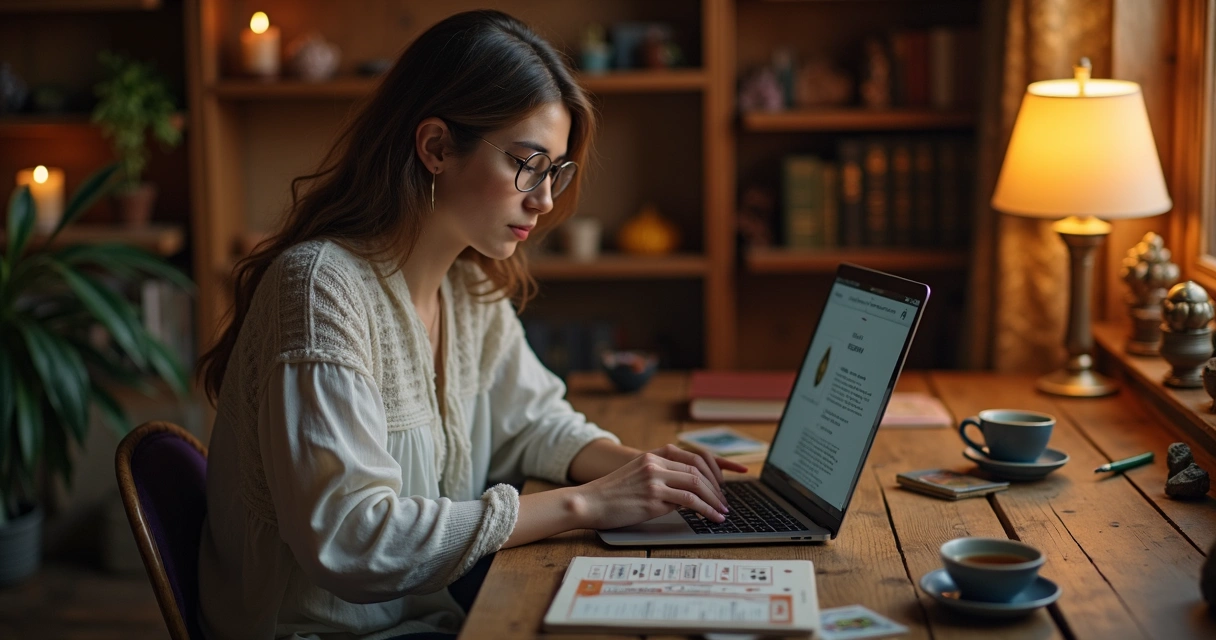 Tarot reader at laptop creating an online profile 