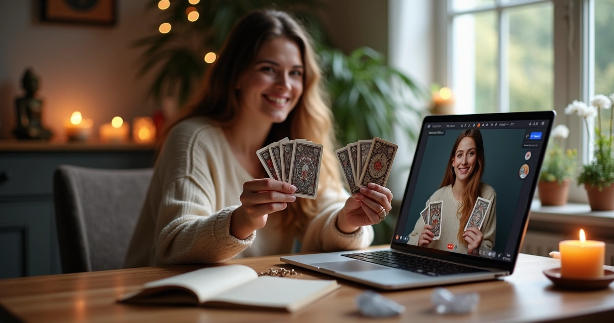 Tarot reader holding cards during an online video session 