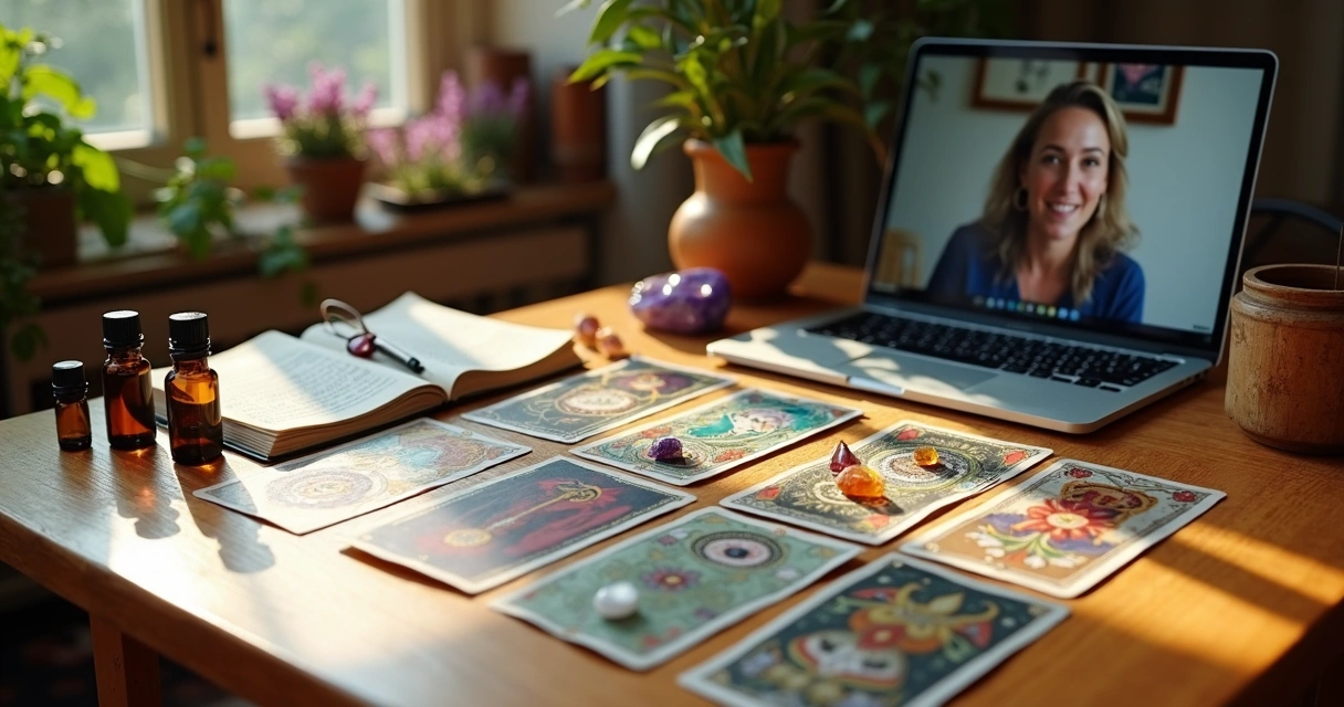 Tarot reader's desk with cards, crystals, essential oils, and a laptop for online consultations 
