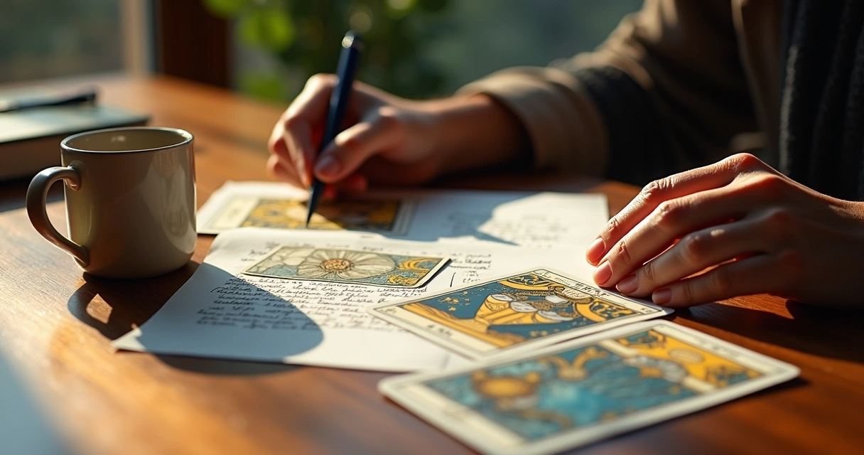 Tarot reader organizing handwritten notes and Tarot cards on a wooden desk 