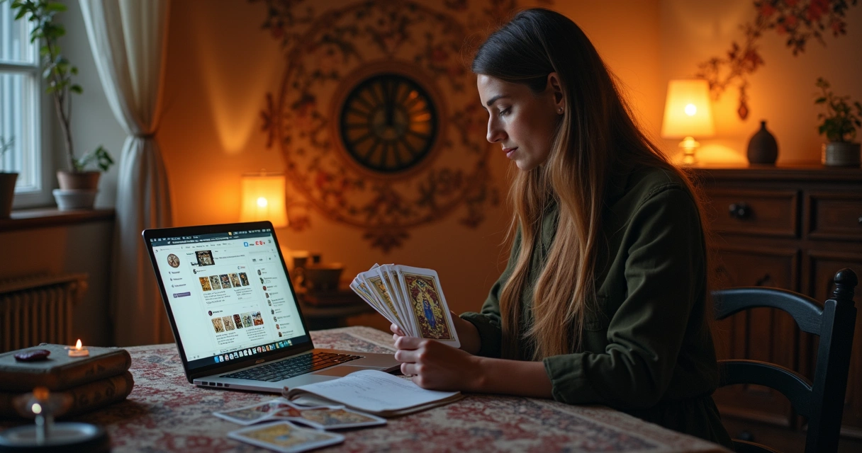 Tarot reader holding a deck of cards, sharing insights online 