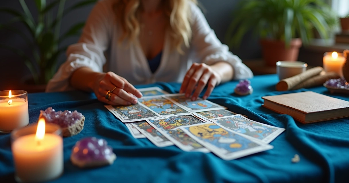 Tarot reader arranging cards on a velvet cloth with candles and crystals nearby 