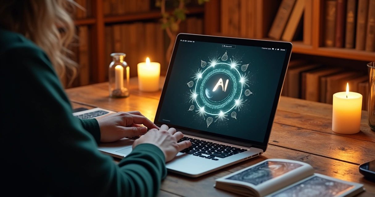 Tarot reader using digital tool with AI assistant on laptop 