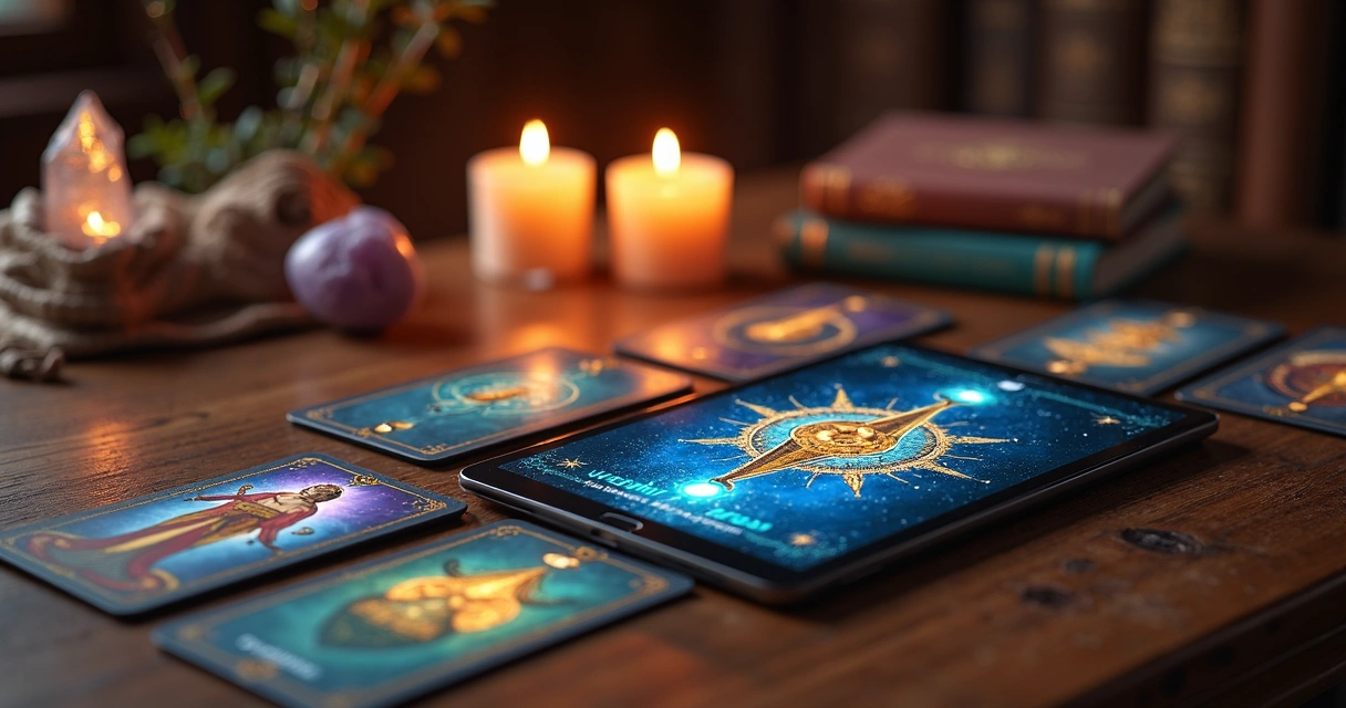 Mystic tarot reading with AI assistant on digital tablet showing card symbols and mystical icons 