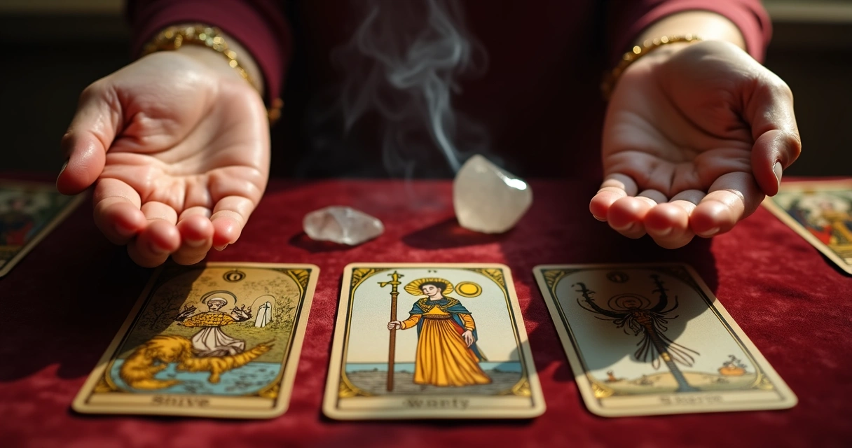 Tarot cards spread on table with hands forming a protective gesture above them 