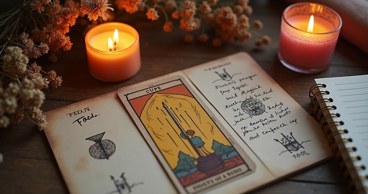 Tarot reading with Page of Wands and other cards on wooden table 