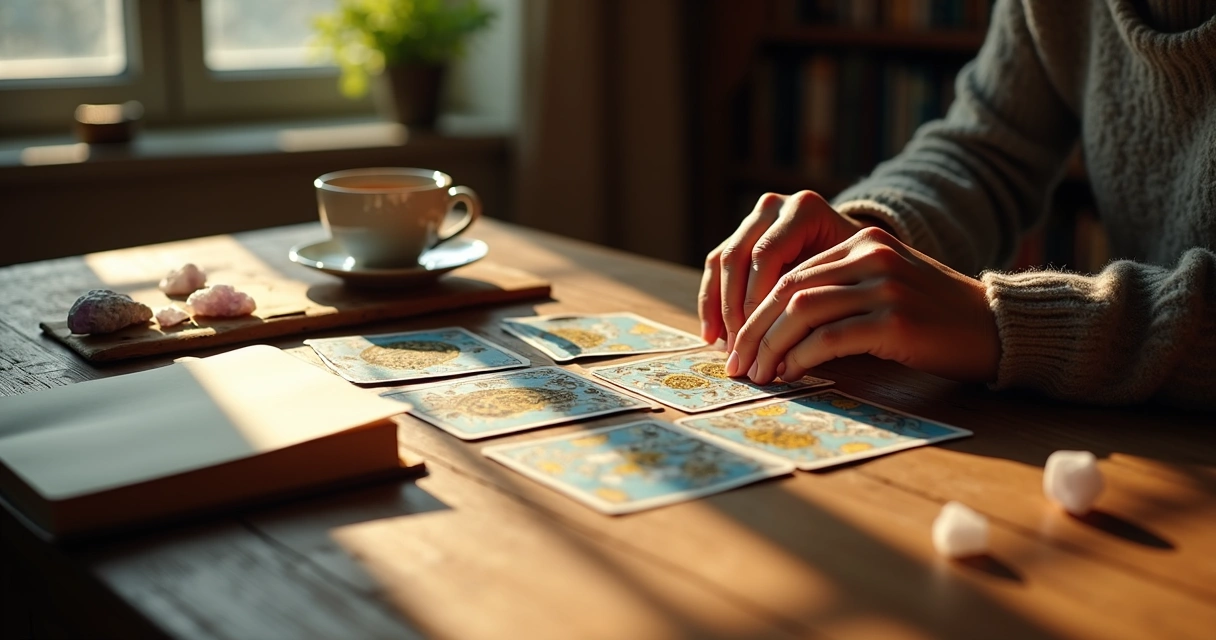 Hands placing tarot cards on a wooden desk 