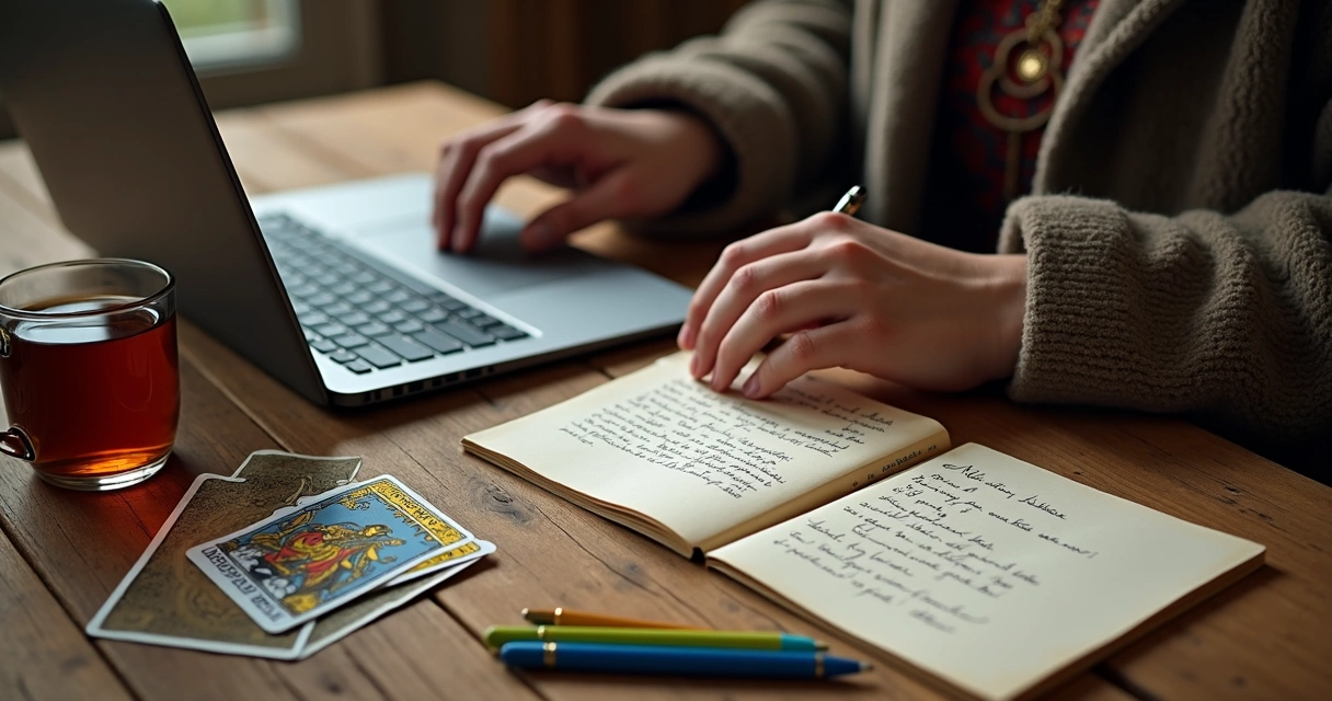 Tarot reader using a digital journal to record notes about the Knight of Wands meaning 
