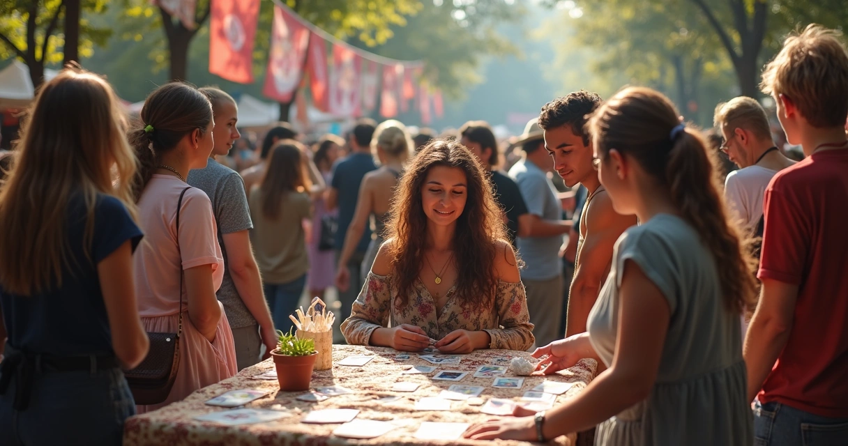 Tarot reading at spiritual fair with people around 
