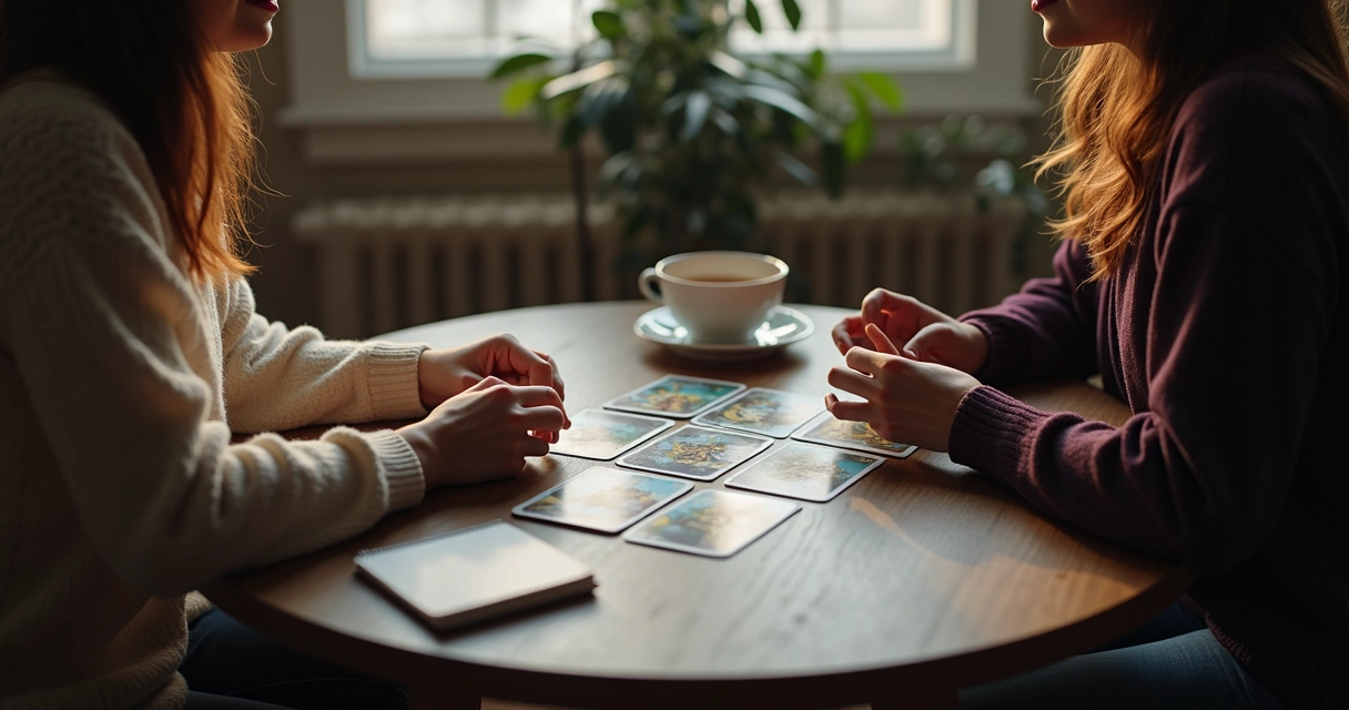 Two people in a quiet conversation during a tarot reading 