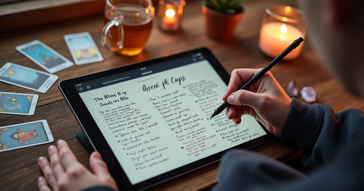 Digital tarot reading journal with hand-written notes and cup cards 
