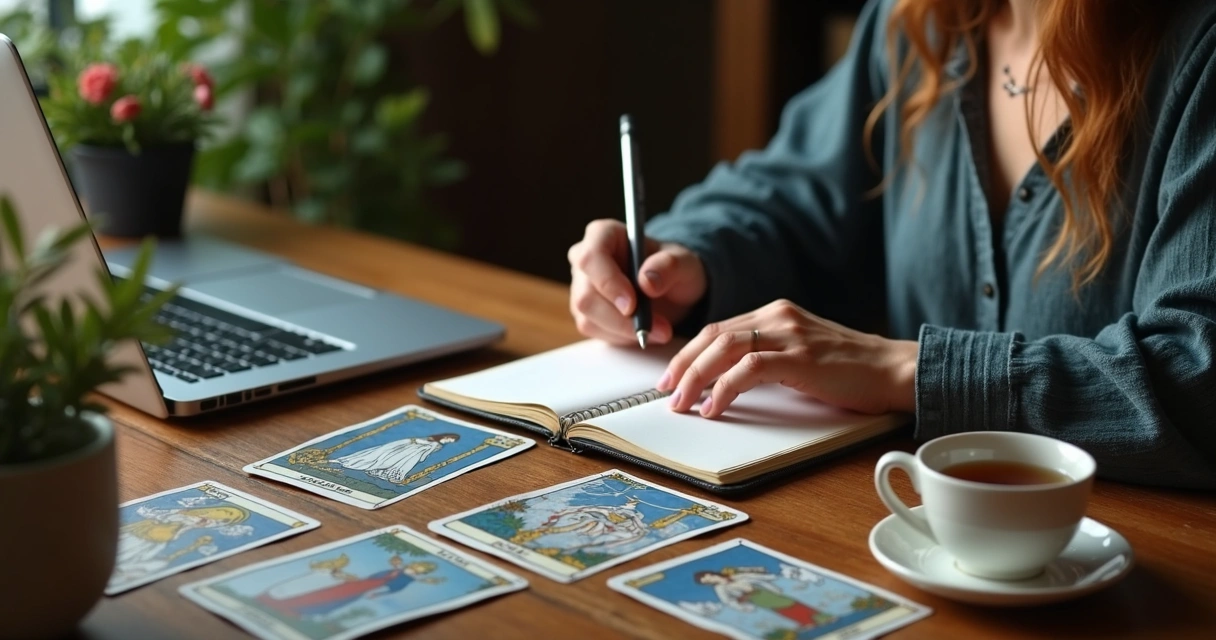 Tarot reader documenting Queen of Cups reading at a desk 