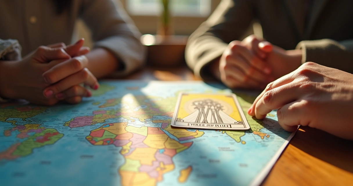 Tarot cards, couple holding hands, and travel map on table 